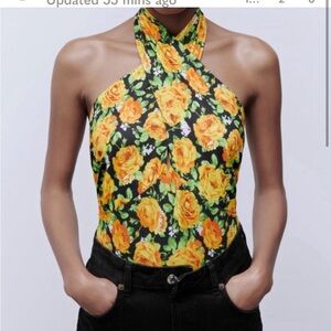 ZARA BLACK & YELLOW FLORAL TROPICAL PRINT CROSS NECK‎ BODYSUIT NWT